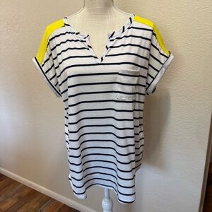Papermoon White Navy Striped Tee with Yellow Shoulder Panels - Size XL